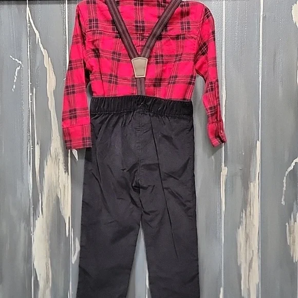 New Carter's Plaid Red and Black Boy's Suspender Pants Set - Picture 2 of 2